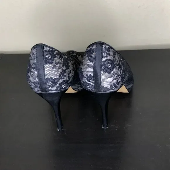 Joey Shoes Black Lace 4 1/2" Peep Toe Heels 10M - Picture 3 of 4